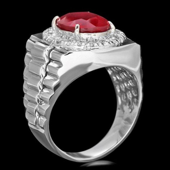 7.70Ct Natural Red Ruby and Diamond 14k Solid White Gold Men's Ring - Picture 3 of 4